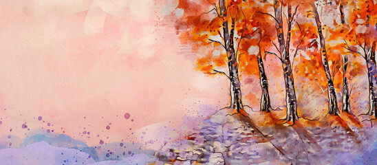 Fototapeta na wymiar Forest. Autumn watercolor background. Design element.