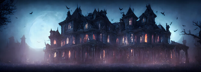 Haunted House. Creepy Atmosphere for Halloween. Fog, Moon light. Illuminated windows. Banner header size - obrazy, fototapety, plakaty