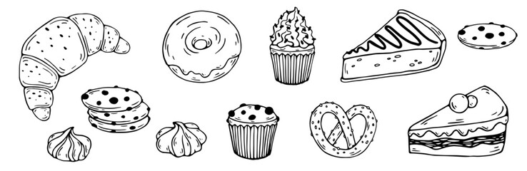Set of line sketches of sweet,dessert pastries.Isolated vector graphic.