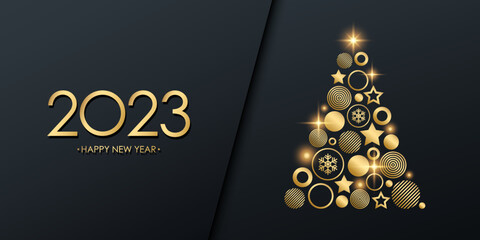 Fototapeta na wymiar 2023 New Year holiday luxury banner with golden Christmas tree. Black and gold. Vector illustration.