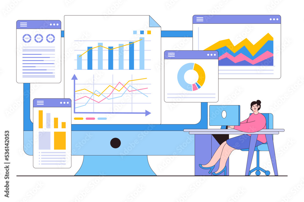 Aufkleber flat data analysis dashboard business financial report market monitoring strategy concept. outline d