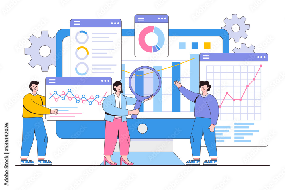 Poster flat statistical and data analysis for business finance with team working on monitor graph dashboard