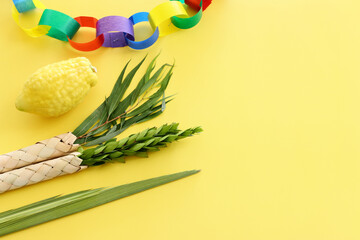 Jewish festival of Sukkot. Traditional symbols (The four species): Etrog (citron), lulav (palm branch), hadas (myrtle), arava (willow) © tomertu