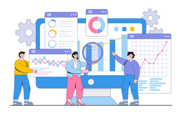 Flat statistical and data analysis for business finance with team working on monitor graph dashboard concept. Outline design style minimal vector illustration