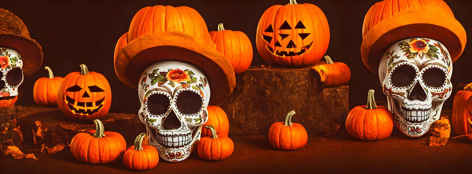 Day of the Dead skulls. Dia de los muertos. Day of the dead and mexican Halloween background. Mexican tradition festival. Day of the dead sugar skull. Dia de los Muertos