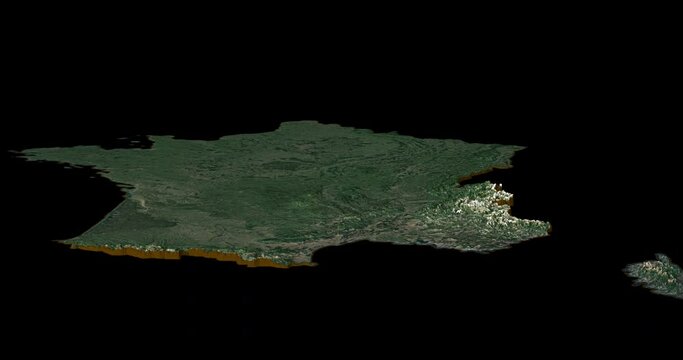 France south to north map with 3d relief 4K satellite ground low height