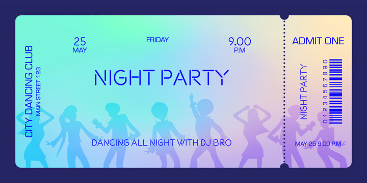 Event ticket template. For discos, parties, concerts and other events in disco style. Vector can be used for web and print.