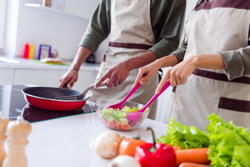Photo of pretty busy wife husband dressed apron cooking lunch preparing tasty dish indoors home room