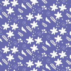 seamless floral pattern with flowers and birds on violet