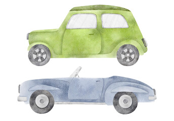 Watercolor car illustration. Automobile cartoon transport  illustration isolated. Retro vintage car. Travel and racer cars for boys. Transport illustration for birthday invitation card