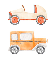 Watercolor car illustration. Automobile cartoon transport  illustration isolated. Retro vintage car. Travel and racer cars for boys. Transport illustration for birthday invitation card