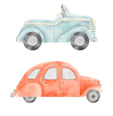 Watercolor car illustration. Automobile cartoon transport  illustration isolated. Retro vintage car. Travel and racer cars for boys. Transport illustration for birthday invitation card