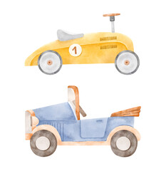 Watercolor car illustration. Automobile cartoon transport  illustration isolated. Retro vintage car. Travel and racer cars for boys. Transport illustration for birthday invitation card