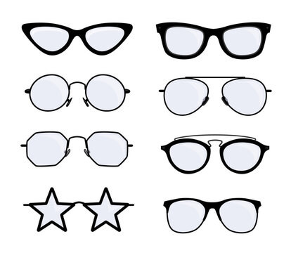 Different glasses designs vector illustrations set. Eyeglasses with black frames of different shapes and styles: old, modern, cool, hipster isolated on white background. Medicine, fashion concept