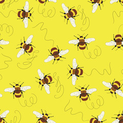 Seamless pattern with bees on color background. Small wasp. Vector illustration. Adorable cartoon character. Template design for invitation, cards, textile, fabric. Doodle style