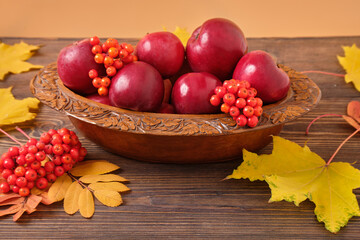 Autumn ripe red apples and mountain ash in a brown wooden bowl on a brown wooden table, next to orange autumn maple leaves. Autumn background