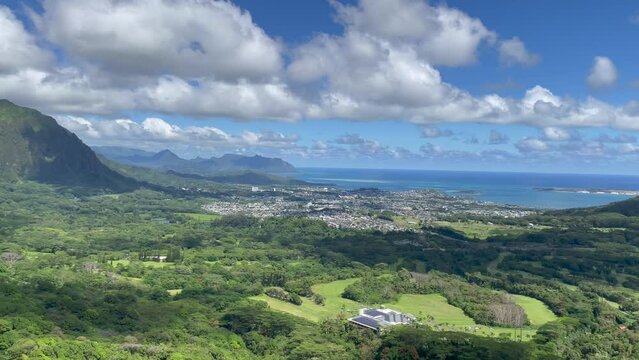 Panoramic aerial view from the Nuuanu Pali overlook on Oahu, Hawaii