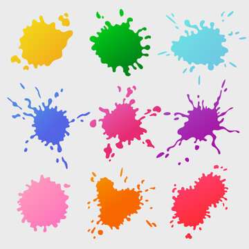Colored splashes of paint set. Vector illustrations of abstract ink drops and blots with splatters, blue red purple yellow green pink orange inkblots isolated on white. Drawing hobby, art concept