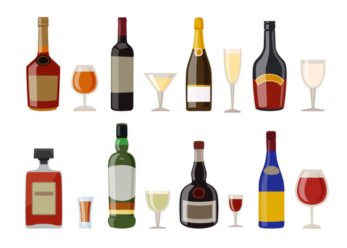 Alcoholic drinks and glasses vector illustrations set. Liquor bottles of different shapes with labels, whiskey, rum, wine isolated on white background. Beverage, alcohol concept for menu design