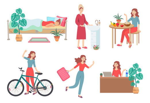 Morning routine of female character vector illustrations set. Daily life of woman, girl waking up, eating breakfast, going to work by bicycle, working isolated on white background. Lifestyle concept