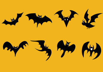 Black silhouettes of bats set on white background. Halloween black bat icon set