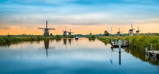 Panoramic landscape with historic windmills, Kinderdijk, the Netherlands.