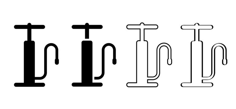 Bicycle pump. Biker has a flat tire and repair the wheel. Cycling pomp icon or symbol. Funny vector bike hand pomps sign. Cyclist tools. 