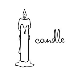 An elongated wax candle and a hand-drawn inscription. Burning candle with melting wax and dripping drops. Sketch in doodle style. Isolated vector illustration with strokes.