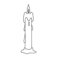 Hand-drawn elongated wax candle. Burning candle with melting wax and dripping drops. Sketch in doodle style. Isolated vector illustration with strokes.