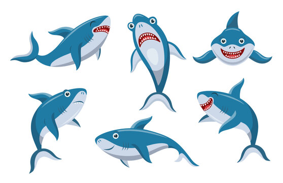 Cute shark cartoon character vector illustrations set. Collection of different emotions of big blue comic fish, underwater predator isolated on white background. Animals, wildlife, nature concept
