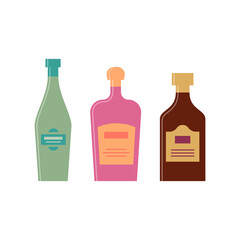 Set bottles of vermouth cream rum. Icon bottle with cap and label. Great design for any purposes. Flat style. Color form. Party drink concept. Simple image shape