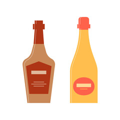 Bottle of whiskey and champagne. Great design for any purposes. Icon bottle with cap and label. Flat style. Color form. Party drink concept. Simple image shape