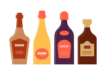 Set bottles of whiskey, champagne, liquor, rum. Icon bottle with cap and label. Great design for any purposes. Flat style. Color form. Party drink concept. Simple image shape