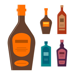 Bottle of whiskey cognac balsam gin liquor. Icon bottle with cap and label. Graphic design for any purposes. Flat style. Color form. Party drink concept. Simple image shape