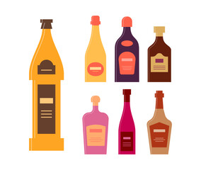 Set bottles of beer champagne liquor rum cream wine whiskey. Icon bottle with cap and label. Graphic design for any purposes. Flat style. Color form. Party drink concept. Simple image shape