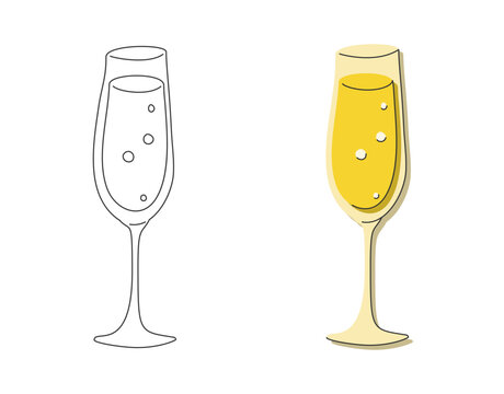 Champagne glass on white background. Cartoon sketch graphic design. Flat style. Colored hand drawn image. Party drink concept for restaurant, cafe, party. Freehand drawing style. Two kinds of image