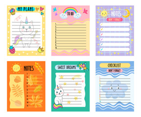 Baby daily planners with cute patterns set. Vector illustrations of memo for organized diary. Paper sheets with to do list, birthday dreams, calendar isolated on white. Printable kids planner concept