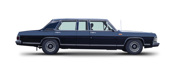 Vintage retro elegant black 1970s or 1980s limousine car with boxy design, side view isolated