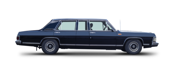 Vintage retro elegant black 1970s or 1980s limousine car with boxy design, side view isolated