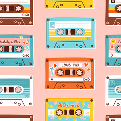 Cassette tapes seamless pattern. Vector illustration of retro compact cassettes and mixtapes in colorful flat style.