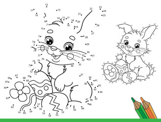 Puzzle Game for kids: numbers game. Coloring Page Outline Of cartoon cute Easter bunny with eggs and sweets. Coloring Book for children.