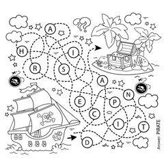 Maze or Labyrinth Game. Puzzle. Tangled road. Coloring Page Outline Of cartoon pirate ship with treasure island. Coloring book for kids.