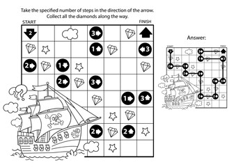 Maze or Labyrinth Game. Puzzle. Coloring Page Outline Of cartoon pirate ship with treasure island. Coloring book for kids.