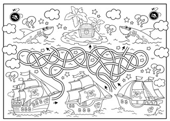 Maze or Labyrinth Game. Puzzle. Tangled road. Coloring Page Outline Of cartoon pirate ships with treasure island. Coloring book for kids.