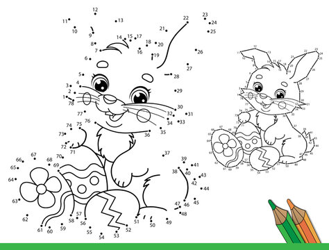 Puzzle Game for kids: numbers game. Coloring Page Outline Of cartoon cute Easter bunny with eggs and sweets. Coloring Book for children.