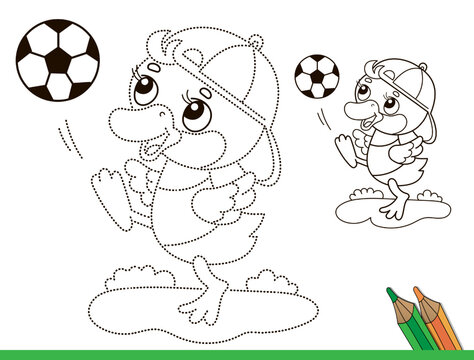 Connect the dots picture. Puzzle for kids. Coloring Page Outline Of cartoon duck or duckling with soccer ball. Football. Sport. Coloring book for children.