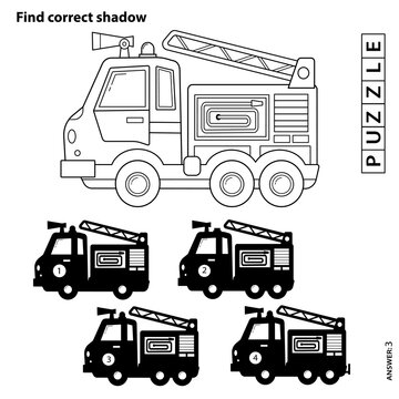Puzzle Game for kids. Find correct shadow. Coloring Page Outline Of cartoon fire truck. Coloring book for children.
