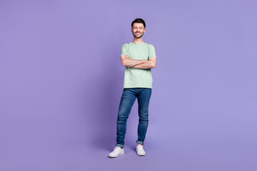 Fototapeta premium Full body photo of attractive young guy folded arms successful freelancer wear trendy gray garment isolated on violet color background