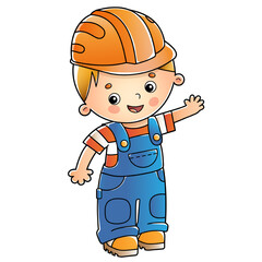 Cartoon builder or worker in hard hat. Profession. Colorful vector illustration for kids.