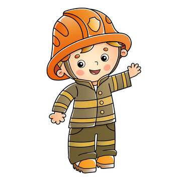 Cartoon fireman or firefighter. Profession. Colorful vector illustration for kids.